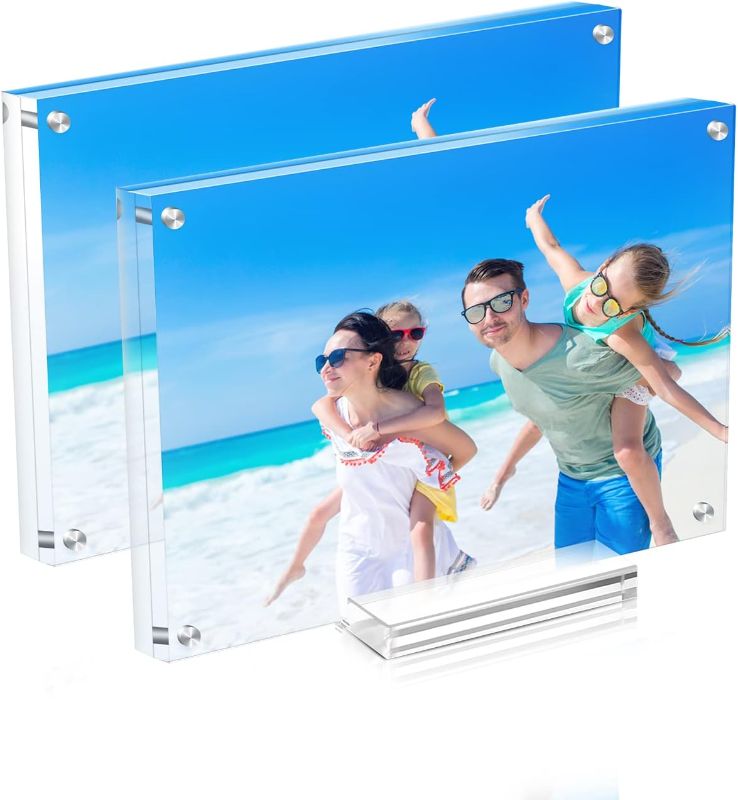 Photo 1 of 2 Pack Acrylic Picture Frame 5×7 Clear Double Sided Magnetic Photo Frame - Frameless Baby Friend Family Picture Desktop Display with Support Stand and Gift Boxes
