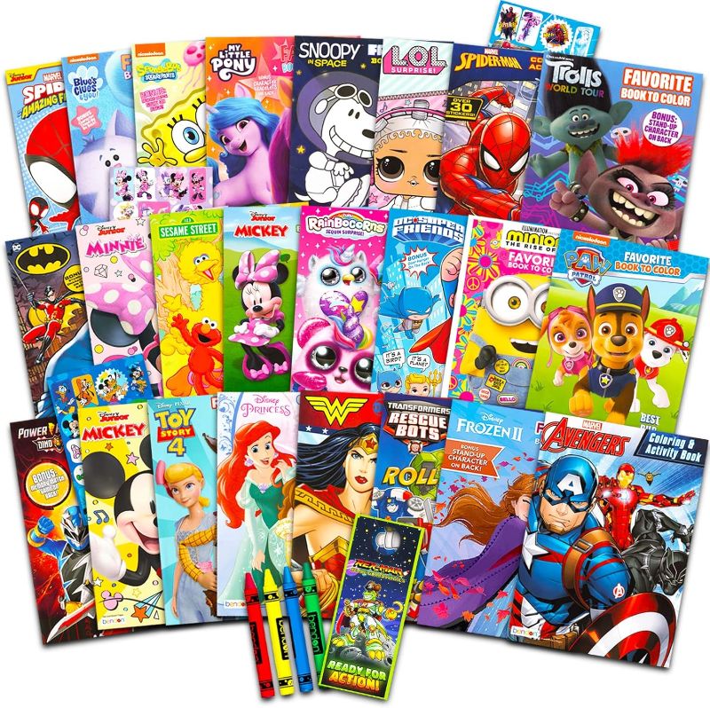 Photo 1 of  24 Bulk Coloring Books for Kids Ages 4-8 - Assorted 24 Licensed Coloring Activity Books for Boys, Girls | Bundle Includes Full-Size Books, Crayons, Stickers, Games, Puzzles, More (No Duplicates) 