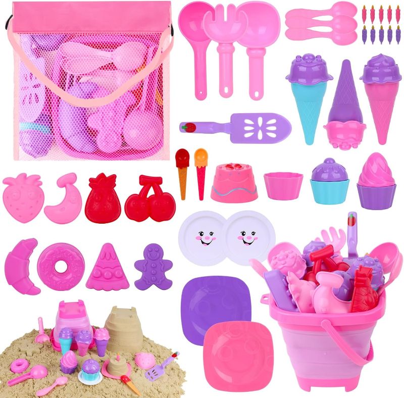 Photo 1 of  3 otters 45PCS Fruit Beach Toys Sand Toys Set, Collapsible Sand Bucket and Shovels Set with Mesh Bag Sand Molds Sandbox Toys Travel Sand Toys for Kids and Toddlers Pink 