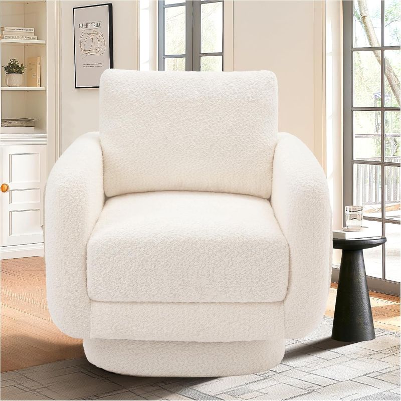 Photo 1 of  COLAMY Swivel Accent Chairs, Living Room Wide Upholstered Barrel Chair with Back Pillow Modern Sofa Armchair Comfy Corner Bedroom Round,Cream 