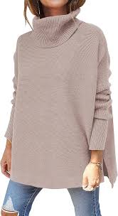 Photo 1 of Prinbara Women's Casual Turtleneck Batwing Sleeve Oversized Ribbed Knit Tunic Sweaters Pullover Tops Deep Apricot size s 