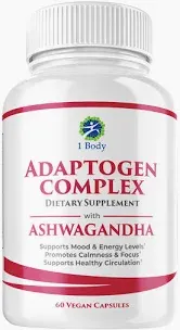 Photo 1 of 1 Body Ashwagandha Complex Supplement - Adaptogen Formula - Focus and Energy Support Supplement for Men and Women - 60 Vegan Capsules