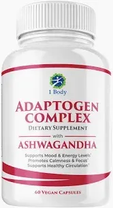 Photo 1 of 1 Body Ashwagandha Complex Supplement - Adaptogen Formula - Focus and Energy Support Supplement for Men and Women - 60 Vegan Capsules EXP-09/2026