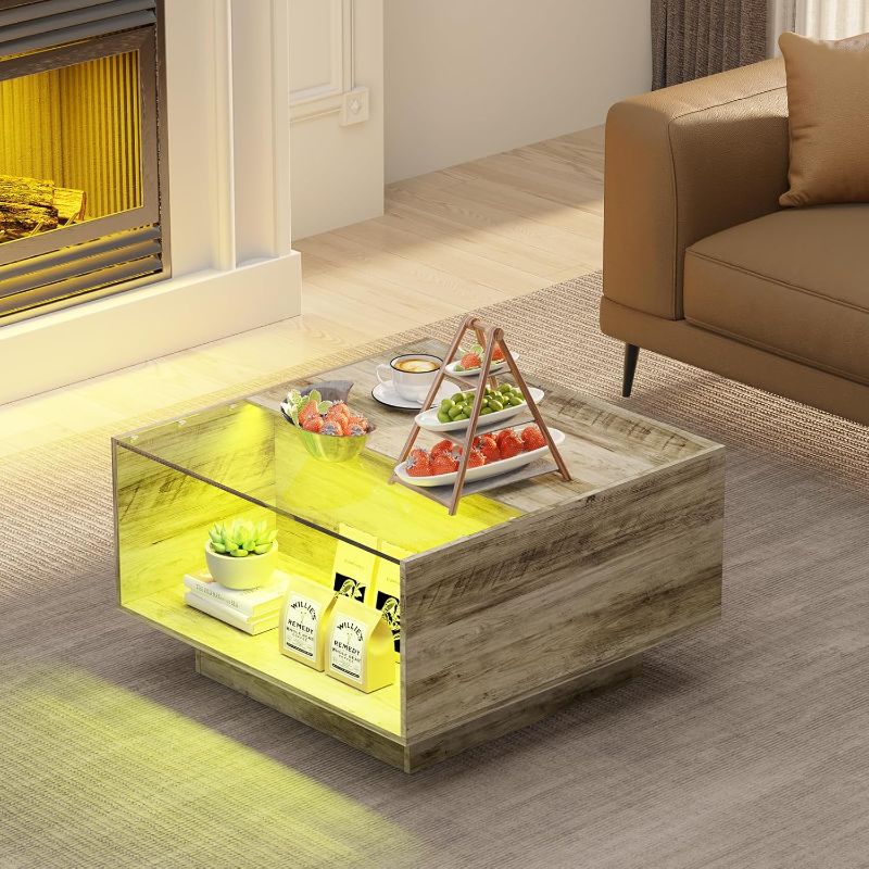 Photo 1 of  Unique LED Coffee Table for Living Room, Center Table with 2 Storage Glass Drawers for Game Night, 16 Colors LED Lights Wood Coffee Tables, Light Ivory