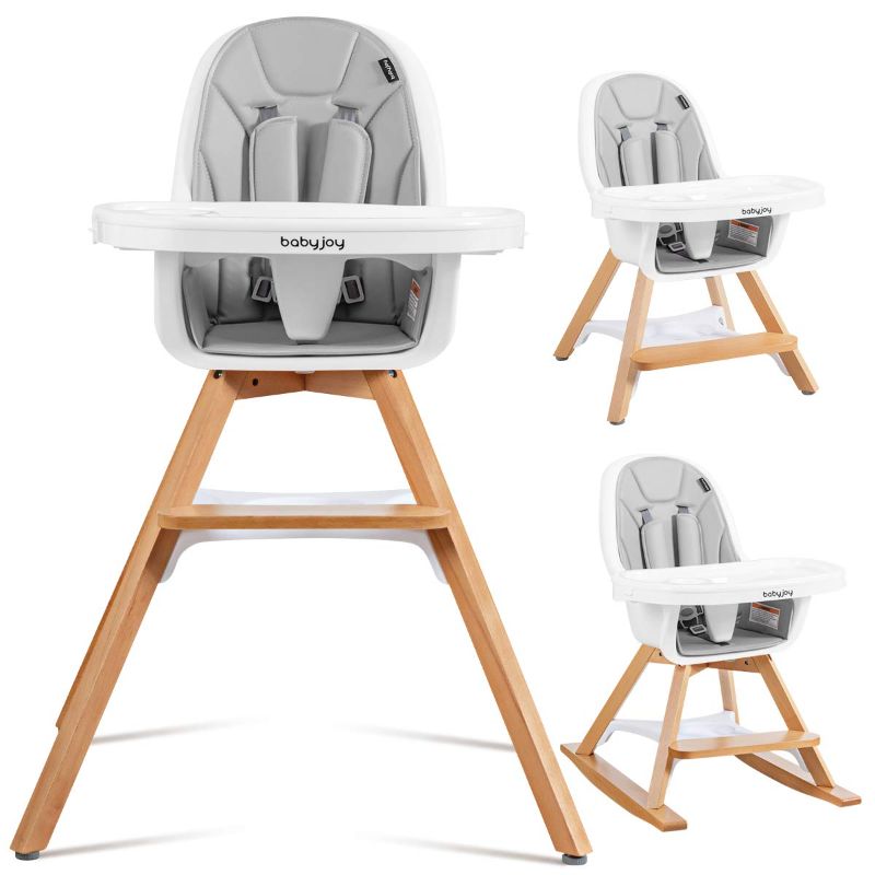 Photo 1 of BABY JOY 3 in 1 High Chair, Baby Eat & Grow Convertible Wooden High Chair/Rocking Chair/Booster Seat/Toddler Chair, Infant Dining Chairs w/Double Removable Tray, 5-Point Seat Belt & PU Cushion, Gray
