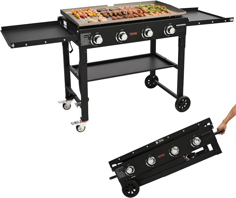 Photo 1 of  Propane Griddle on Cart, 36" Heavy Duty Manual Flat Top Griddle, Outdoor Cooking Station with Side Shelves, Steel Natural Gas Griddle, 4-Burners Restaurant Portable Grill - 60,000 BTU 