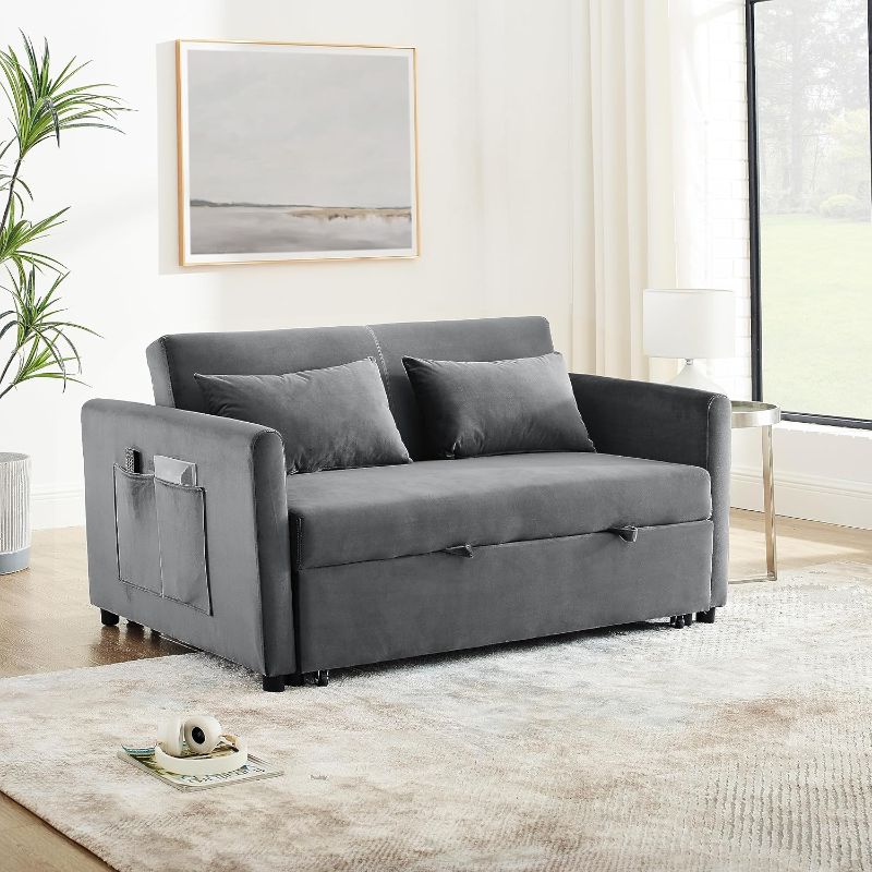 Photo 1 of  Convertible Sofa Bed, 3-in-1 Versatile Velvet Double Sofa with Pullout Bed, Seat with Adjustable Backrest, Lumbar Pillows, and Living Room Side Pockets, 54 Inch, Grey (Grey) W1853112510 