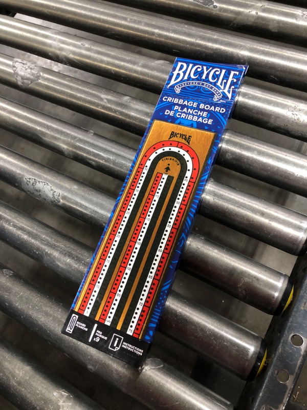 Photo 2 of  Bicycle Wooden Cribbage Board with 3-Track Colors and Wooden Pegs 