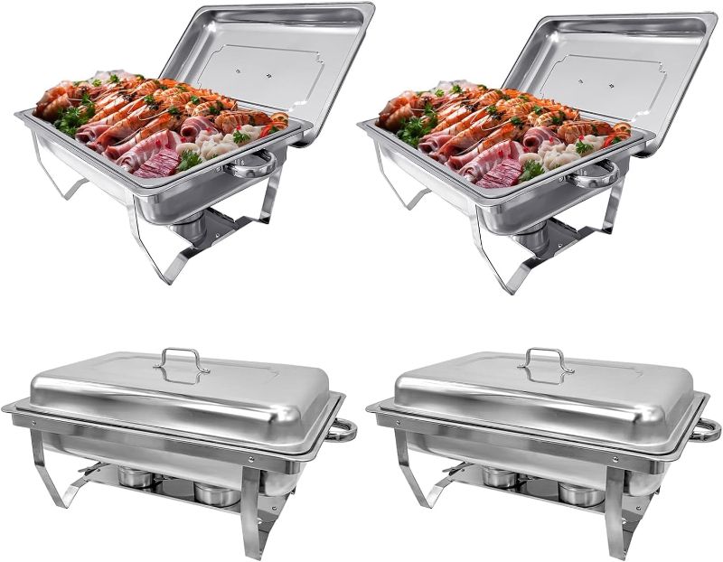 Photo 1 of  4 Pack 8 Qt Full Size Stainless Steel Chafing Dishes Buffet Set, Silver Rectangular Catering Chafer Warmer Set with Trays Pan Lid Folding Frame for Kitchen Party Banquet Dining 