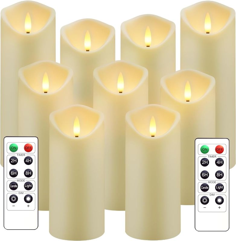 Photo 1 of  Flickering Flameless Candles, Battery Operated Acrylic LED Pillar Candles with Remote Control and Timer,Set of 9 (Ivory) 