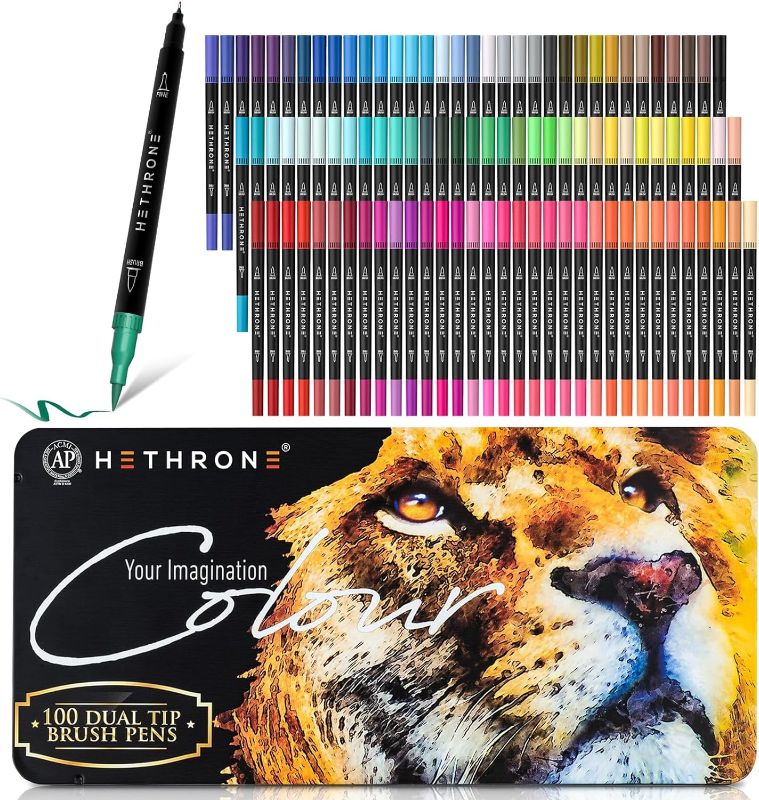 Photo 1 of  Hethrone Markers for Adult Coloring - 100 Colors Dual Tip Brush Pens Art Markers Set, Fine Tip Markers for Calligraphy Painting Drawing Lettering (100 Colors Black Lion) 