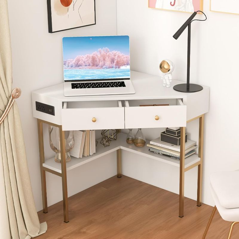 Photo 1 of  Corner Desk with Power Outlet, 90 Degrees Triangle Desk w/Storage Shelves and Drawers, Corner Makeup Vanity Table, Corner Desks for Small Spaces, Small Corner Desk for Bedroom, Study (White) 