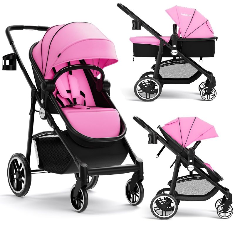 Photo 1 of  INFANS 2 in 1 Baby Stroller, High Landscape Infant Stroller & Reversible Bassinet Pram, Foldable Pushchair with Adjustable Canopy, Storage Basket, Cup Holder, Suspension Wheels (Pink) 