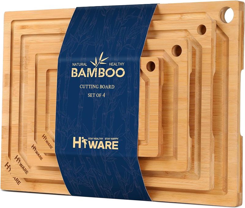 Photo 1 of  Hiware 4-Piece Extra Large Bamboo Cutting Boards Set for Kitchen, Heavy Duty Cutting Board with Juice Groove, Bamboo Chopping Board Set for Meat, Vegetables - Pre Oiled 