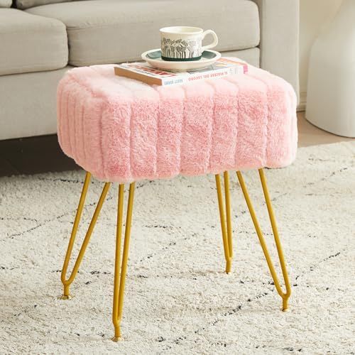 Photo 1 of  Vanity Stool Chair, Soft Faux Fur Chair, Makeup Stool with 4 Metal Legs & Adjustable Gold Feet, Modern Gray Ottoman Foot Rest, Vanity Stool for Makeup Room Bedroom, Pink 