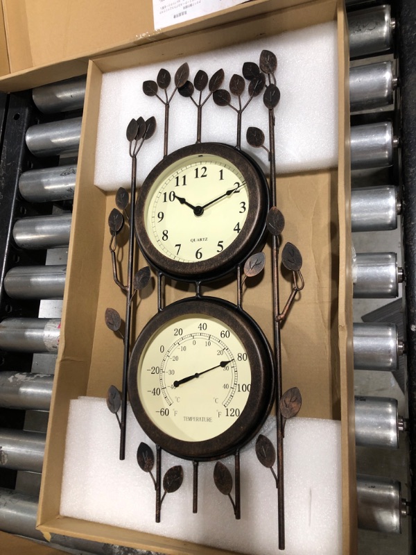 Photo 2 of BESTIME 66059 Two-in-one Leaf Design Metal Clock.Wall Art Clock,Thermometer,Interior and Outdoor Decoration,Whether Industrial,Country,Rustic,Garden,Farmhouse,Yard,Home,Office, Living,Kitchen,Bedroom.