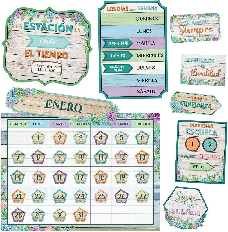 Photo 1 of Chinco Classroom Calendar Bulletin Board Set Succulent Spanish Calendar Set with Numbers Month Weather Calendar Classroom Bulletin Board Decor for Back To School Supplies Classroom Decorations 