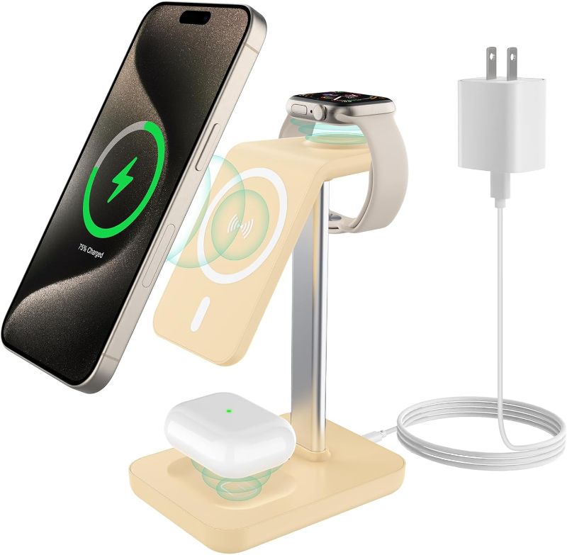 Photo 1 of 3 in 1 Charging Station for Apple MagSafe Charger, Magnetic Wireless Charger for iPhone 15/14/13/12 Series, Mag-Safe Charger for iPhone AirPods iWatch with QC Adapter, Gold