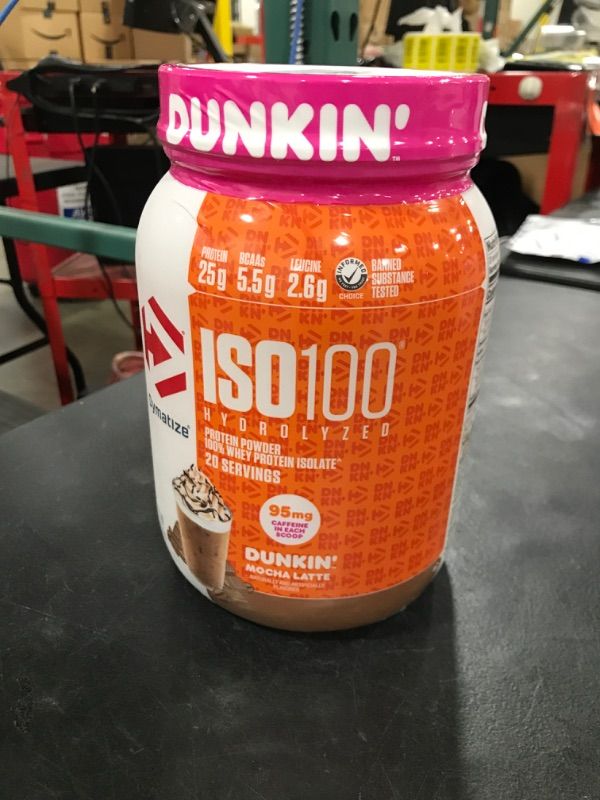 Photo 2 of  BB 05.24 Dymatize ISO100 Hydrolyzed Protein Powder in Dunkin' Mocha Latte Flavor, 100% Whey Isolate Protein, 25g Protein, 95mg Caffeine, 5.5g BCAAs, Gluten Free, Fast Absorbing, Easy Digesting, 20 Servings BB 05.24