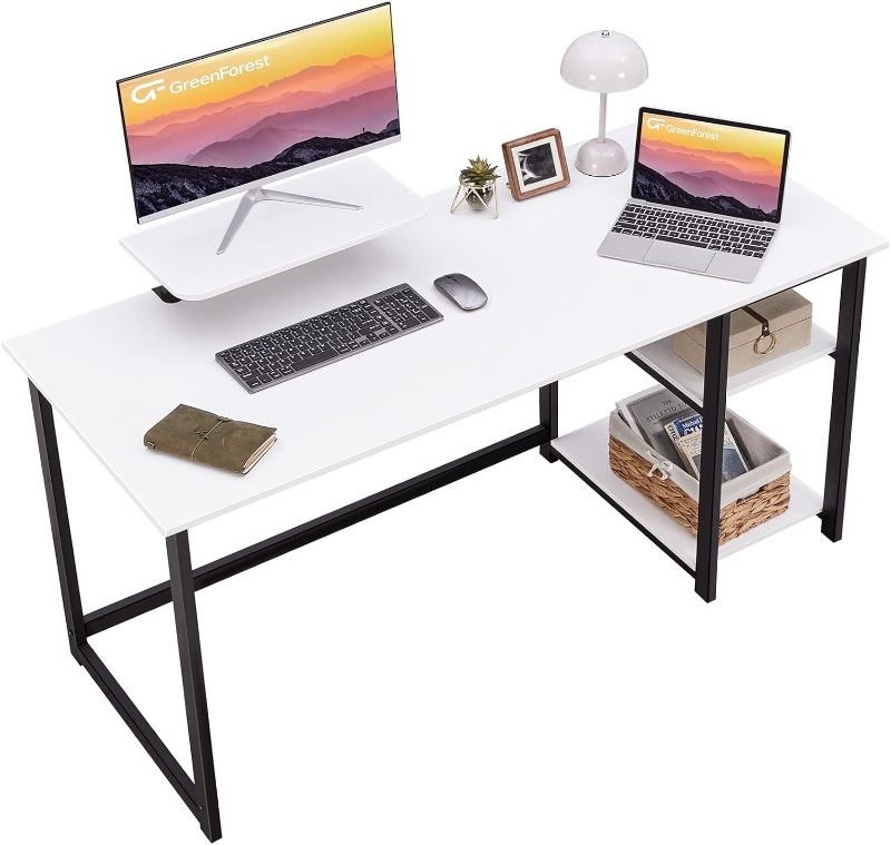 Photo 1 of  Computer Desk with Monitor Stand,47 inch Home Office Desk with Reversible Storage Shelves,Modern Writing Desk Study PC Laptop Work Table,White
