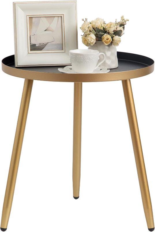 Photo 1 of AOJEZOR Round End/Side Tables for Living Room, Bedrooms Narrow Night Stands Cute Pedestal Plant Stand for Balcony, Black Tray with 3 Legged Gold Coffee/ Accent Table
