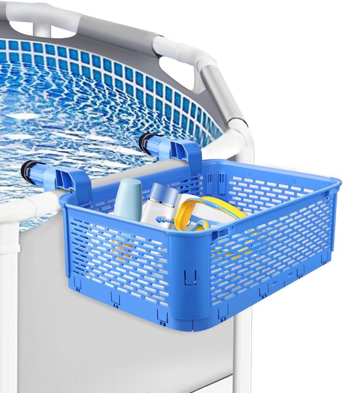 Photo 1 of  Poolside Storage Basket - Above Ground Pool Accessories, Fits Frame Pools Top Bar 2.3 Inch or Less, Load Capacity Up to 33lbs, for Most Above Ground Pool (Blue) 