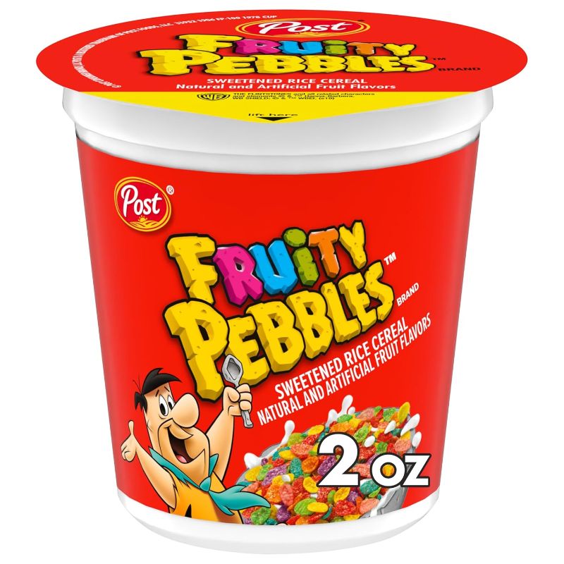 Photo 1 of  Pebbles Fruity PEBBLES Cereal, Fruity Kids Cereal, Gluten Free Rice Cereal for Kids, Pack of 12, 2 OZ Individual Cereal Cup BEST BY 02 APR 2025