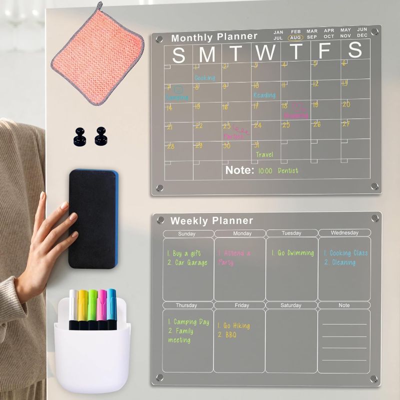 Photo 1 of  Magnetic Fridge Calendar Set - Dry Erase Refrigerator Monthly and Weekly Calendars - Clear Whiteboard Magnet Boards with 5 Markers and Holder, Eraser, and Cloth - 12 x 16 Family Planner Board 