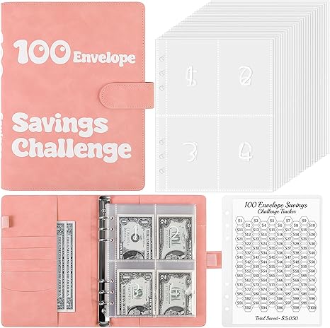 Photo 1 of 100 Envelopes Money Saving Challenge Binder, A5 Savings Challenges Book with Cash Envelopes, Savings Budget Binder for Budgeting and Saving $5050, Pink
