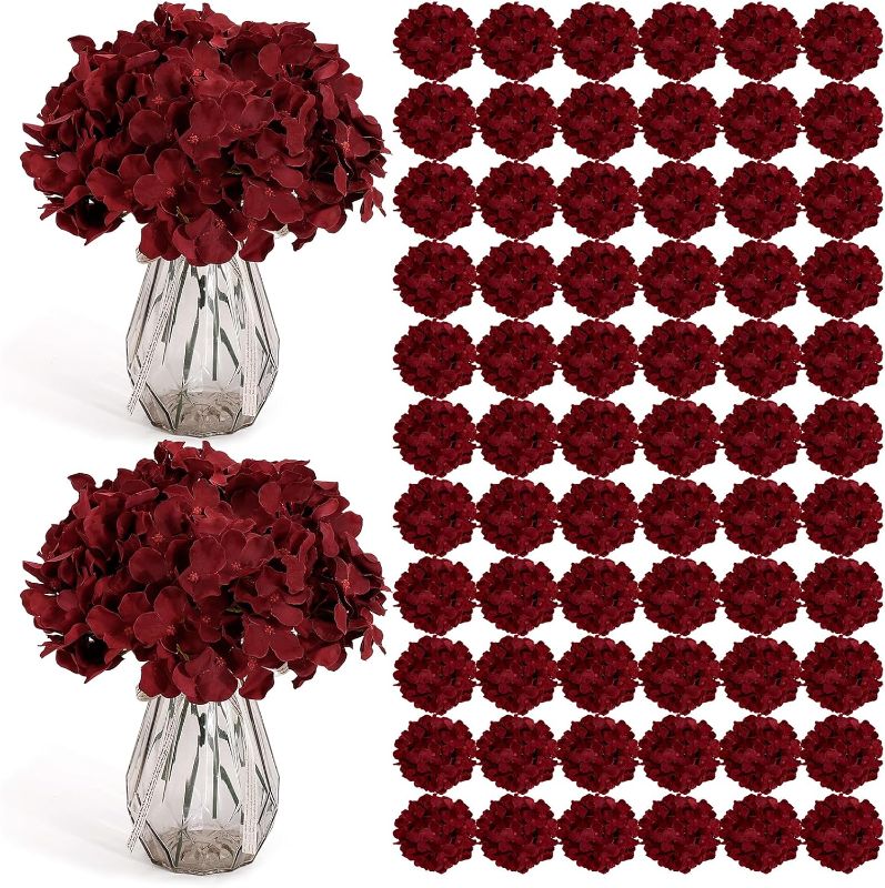 Photo 1 of Auihiay 104 PCS Burgundy Hydrangea Artificial Flowers, Silk Hydrangea Heads with Stems, Fake Flowers for DIY Wedding Centerpiece, Baby Shower, Home Party Garden Decoration (Burgundy)
