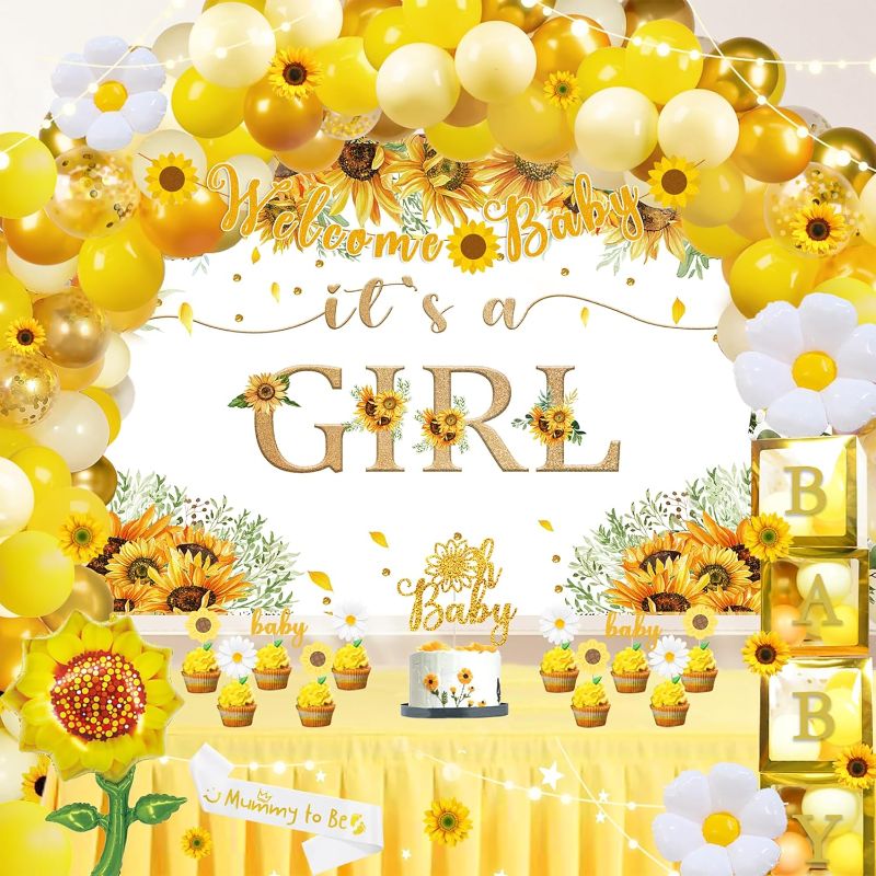 Photo 1 of  Sunflower Baby Shower Decorations for Girl, Yellow Baby Shower Décor Balloon Arch Backdrop Banner, It's a Girl Baby Shower Supplies