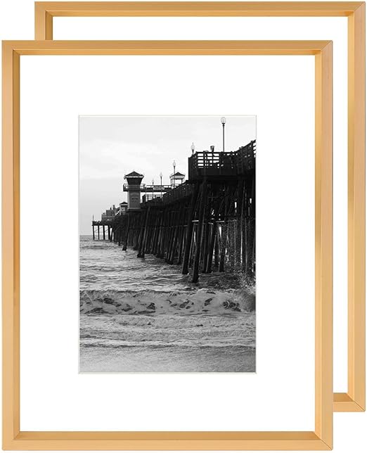 Photo 2 of 11 "X14 aluminum metal picture frame (gloss brushed), display 8x10 with liner and 11x14 without liner, Plexiglass shatterproof durable, horizontal and vertical, easy wall mounting (2 gold)
