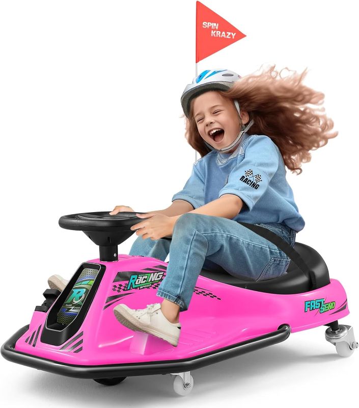 Photo 1 of  JOYLDIAS 360 Degrees Rotating Ride On Drift Car, 24V Electric Drifting Go Kart for Kids with High/Low Speed, 24V Brushless Motor, Flashing Lights, Flag, Music, Bluetooth for Kids, Pink 