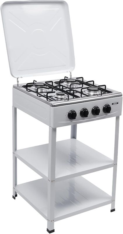 Photo 1 of  Gas Stove Portable Stove 4 Burner, Propane Gas Stove with Support Leg Stand and Wind Blocking Cover Manual Ignition Camping Stove for Camping Picnic Home RV Cooking (White) 