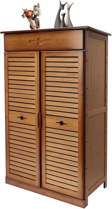 Photo 1 of  standing Shoe Storage Cabinet, 2 Doors Bamboo Shoe Organizer Cabinet 5 Tier Shoe Rack Storage Organizer, Entryway Shoe Rack Storage Organizer with 1 Drawer for Bathroom Entrance 