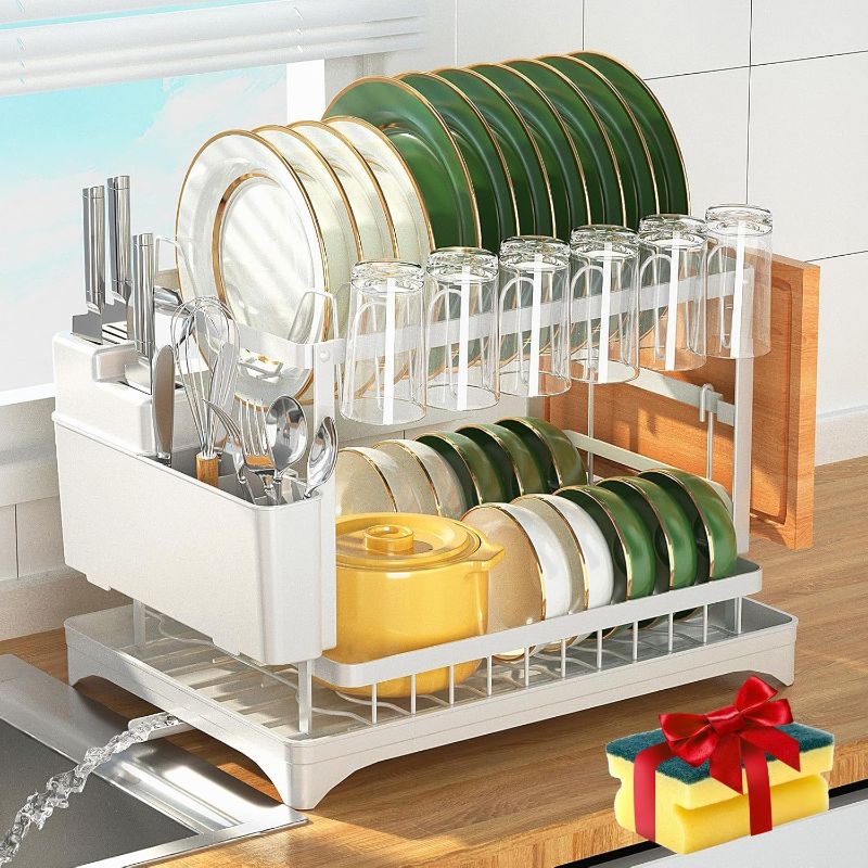 Photo 1 of  2 Tier Dish Drying Rack for Kitchen Counter, Dish Drainers for Kitchen Counter with Drainboard, Metal Kitchen Dish Rack with Drain, Kitchen Drying Rack Two Tier, Black Dish racks (White) 