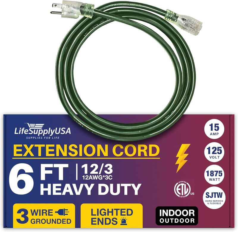 Photo 1 of  6ft Power Outdoor Extension Cord & Indoor - Waterproof Electric Drop Cord Cable - 3 Prong SJTW, 12 Gauge, 15 AMP, 125 Volts, 1875 Watts, 12/3 ETL Listed by LifeSupplyUSA - Green (1 Pack) 