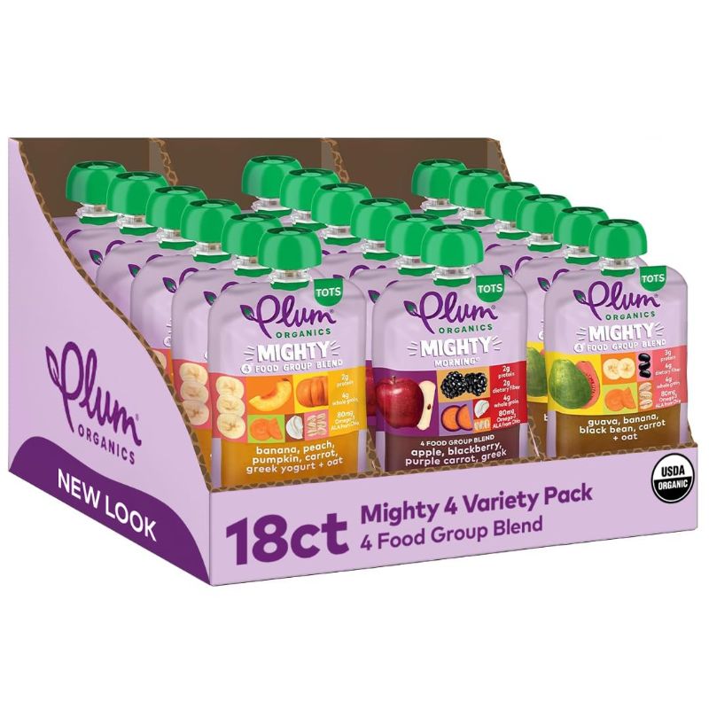 Photo 1 of  Plum Organics Mighty 4 Organic Toddler Food - 4 Food Group Blend Variety Pack - 4 oz Pouch (Pack of 18) - Organic Fruit and Vegetable Toddler Food Pouch, BEST BY 30 OCT 2024