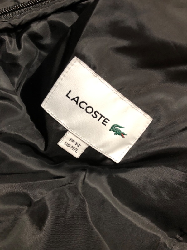 Photo 2 of **ZIPPER GETS STUCK** Lacoste Men's Color Blocked Quilted Full Zip Long Sleeve Hooded Jacket, Black/Black, L/XL
 Medium/ LARGE