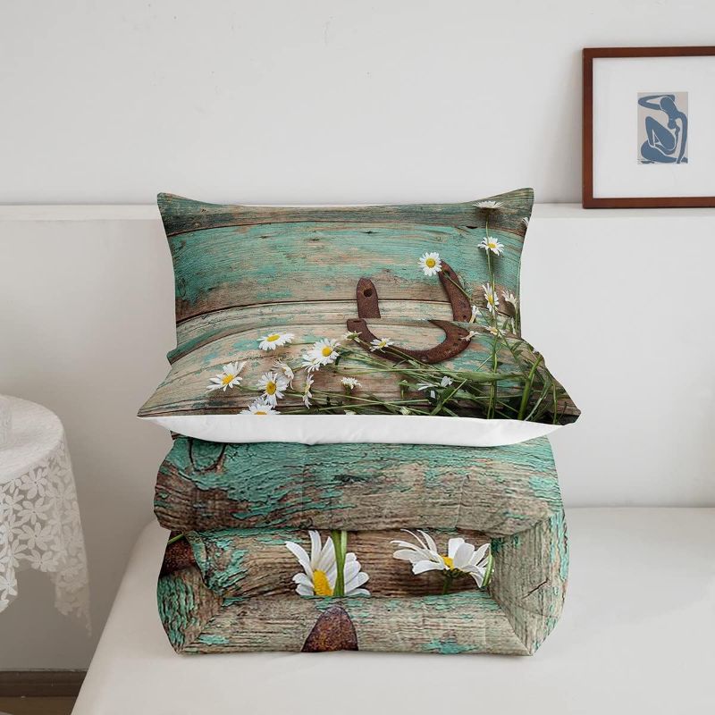 Photo 3 of (READ FULL POST) Rustic Farmhouse Bedding Set Teal Country Wooden Barn Door Down Comforter Twin Western Horseshoe Daisy Decor Comforter Set for Kids Boys Girls Teen Cowboys Cowgirls Quilt Duvet Sets 1 Pillow Case