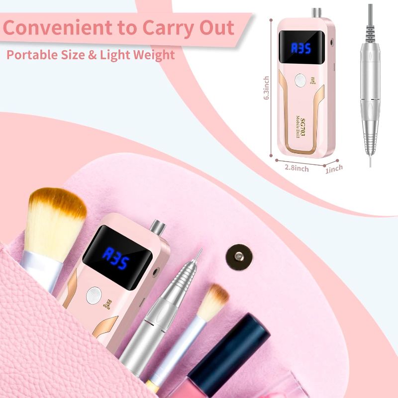 Photo 4 of (READ FULL POST) Portable Nail Drill Professional 35000 RPM, Rechargeable Electric Nail File Machine E File for Acrylic Nails Gel Polishing Removing, Cordless Efile with Bits Kit for Manicure Salon Home, Pink