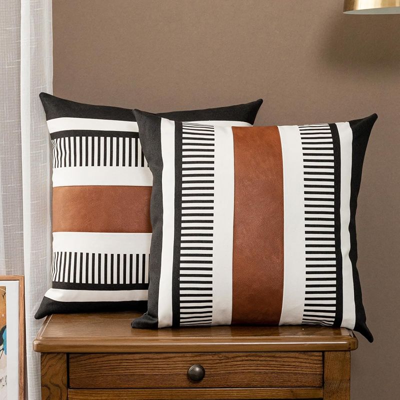 Photo 1 of *COVERS ONLY* Set of 2 Striped Leather Pillow Cover 16x16 inch, Modern Boho Pillow Cover Set for Couch and Bed, Farmhouse Decor Patchwork Accent Pillowcase, Black
