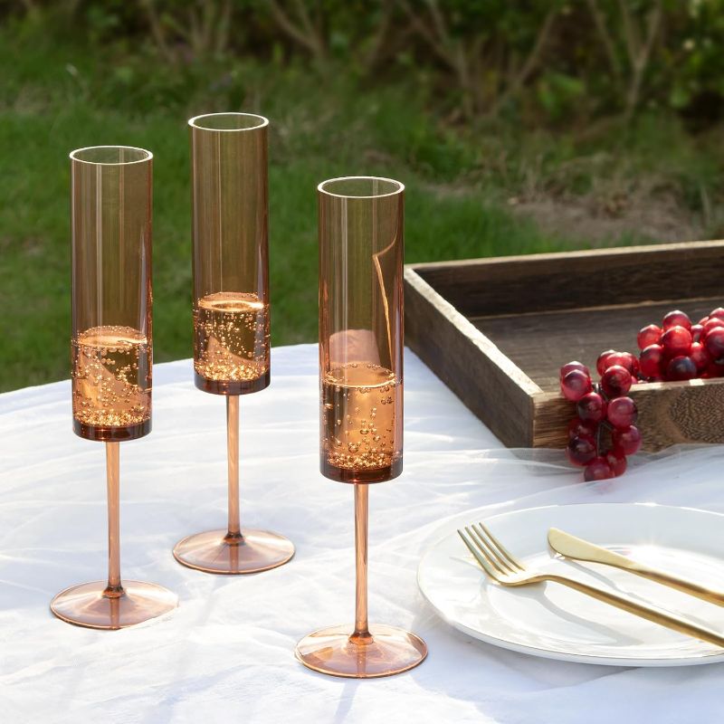 Photo 1 of 12 Pack Dark Amber Plastic Champagne Glasses Dark Orange Wine Glasses Terracotta Champagne Flutes Champagne Flutes Goblets for Wedding Reception Cocktail Cups Wedding Toasting Glasses