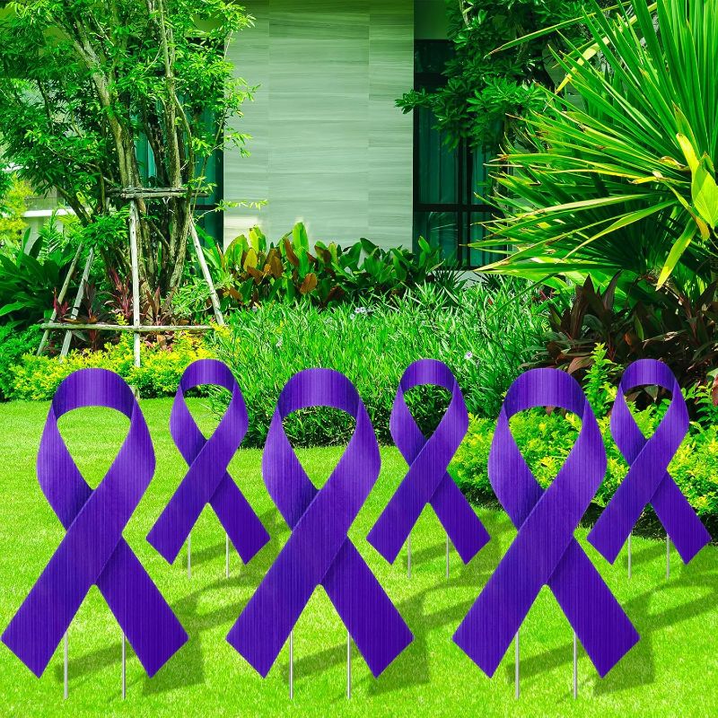 Photo 1 of 
6 Pcs Ribbon Awareness Yard Signs with Metal Stakes 14" Ribbon Health Awareness Lawn Signs Waterproof Patio Sign for Outdoor Garden Church(Purple)
