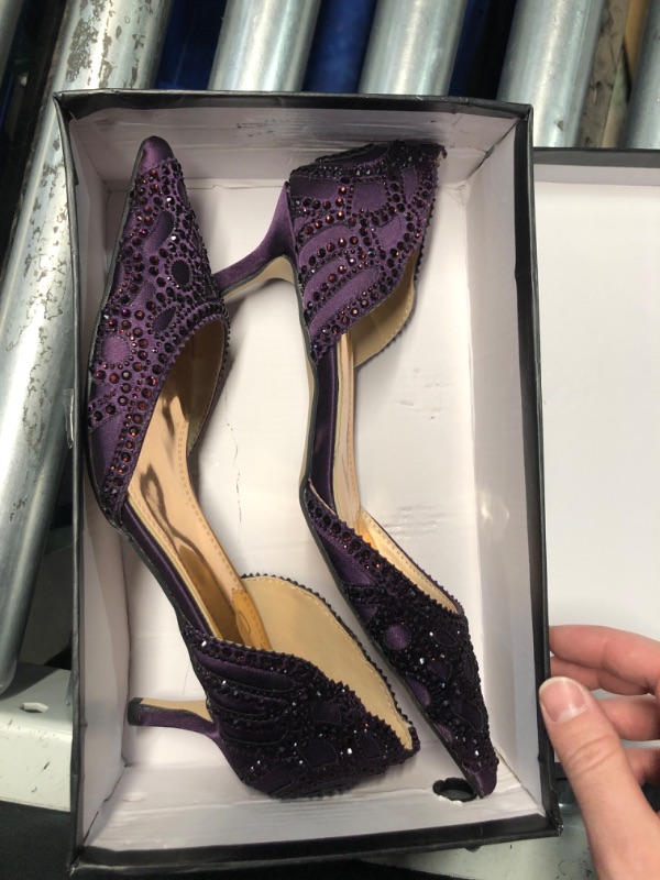 Photo 4 of (READ FULL POST) XYD Women's Pumps, Elegant Pointed Toe, D'Orsay Kitten Low Heels, Rhinestone Studs, Slip-On Satin Shoes for Wedding Party (Size 9 Dark Purple)