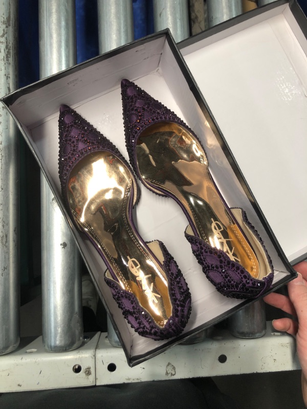 Photo 2 of (READ FULL POST) XYD Women's Pumps, Elegant Pointed Toe, D'Orsay Kitten Low Heels, Rhinestone Studs, Slip-On Satin Shoes for Wedding Party (Size 8.5, Dark Purple)