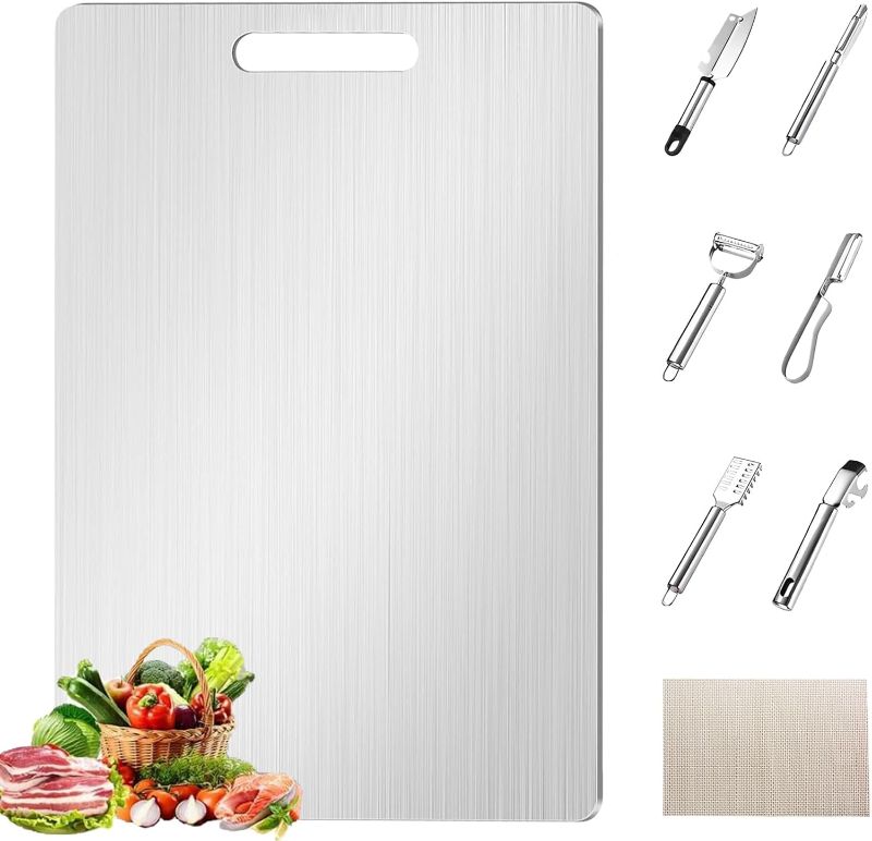 Photo 1 of 2024 New Titanium Cutting Board Set, 8 Pcs 100% Pure Titanium Double Sided Cutting Board & Steel Knife, Fruits,Meat& Vegetable Peeler with Anti-slip Mat,for Kitchen(13 x 9 in)