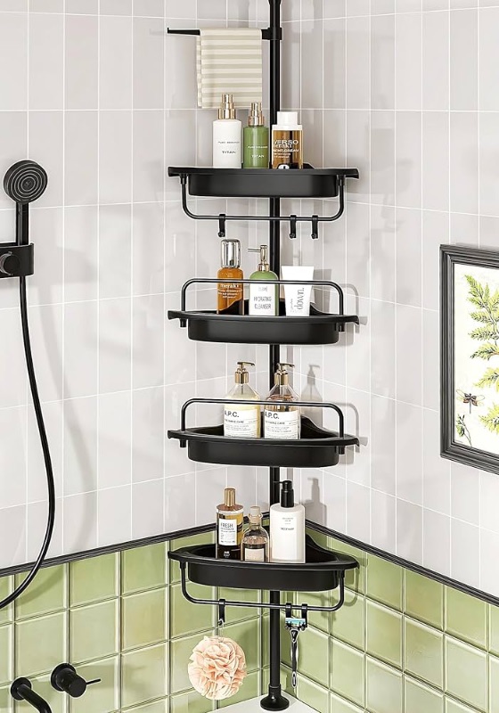 Photo 1 of ALLZONE Rustproof Shower Caddy Corner for Bathroom,Bathtub Storage Organizer for Shampoo Accessories,4-Tier Adjustable Shelves with Tension Pole, 39.2 to 113 Inch, Black