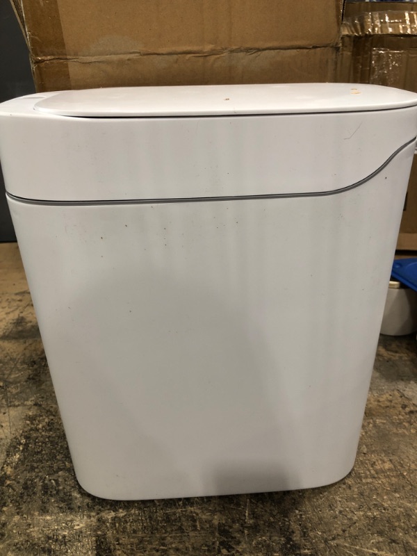 Photo 4 of ***USED - LIKELY MISSING PARTS - UNABLE TO VERIFY FUNCTIONALITY***
MOPALL Rechargeable Bathroom Trash Can,Motion Sensor Trash Can Automatic Touchless,White 3.5 Gallon Smart Garbage Can with Lid,Auto-Adsorption Slim Small Waste Basket for Bedroom,Bathroom,