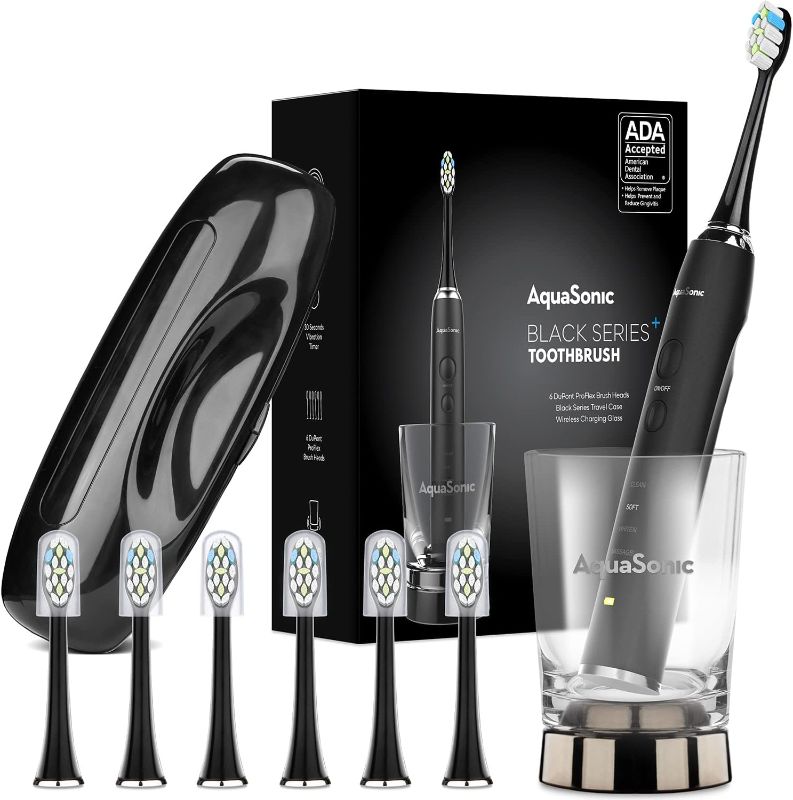 Photo 1 of Aquasonic Black Series+ - Ultra Whitening 40,000 VPM Rechargeable Electric Toothbrush – ADA Accepted - Wireless Charging Glass - 6 Proflex Brush Heads & Travel Case – 4 Modes & Smart Timer